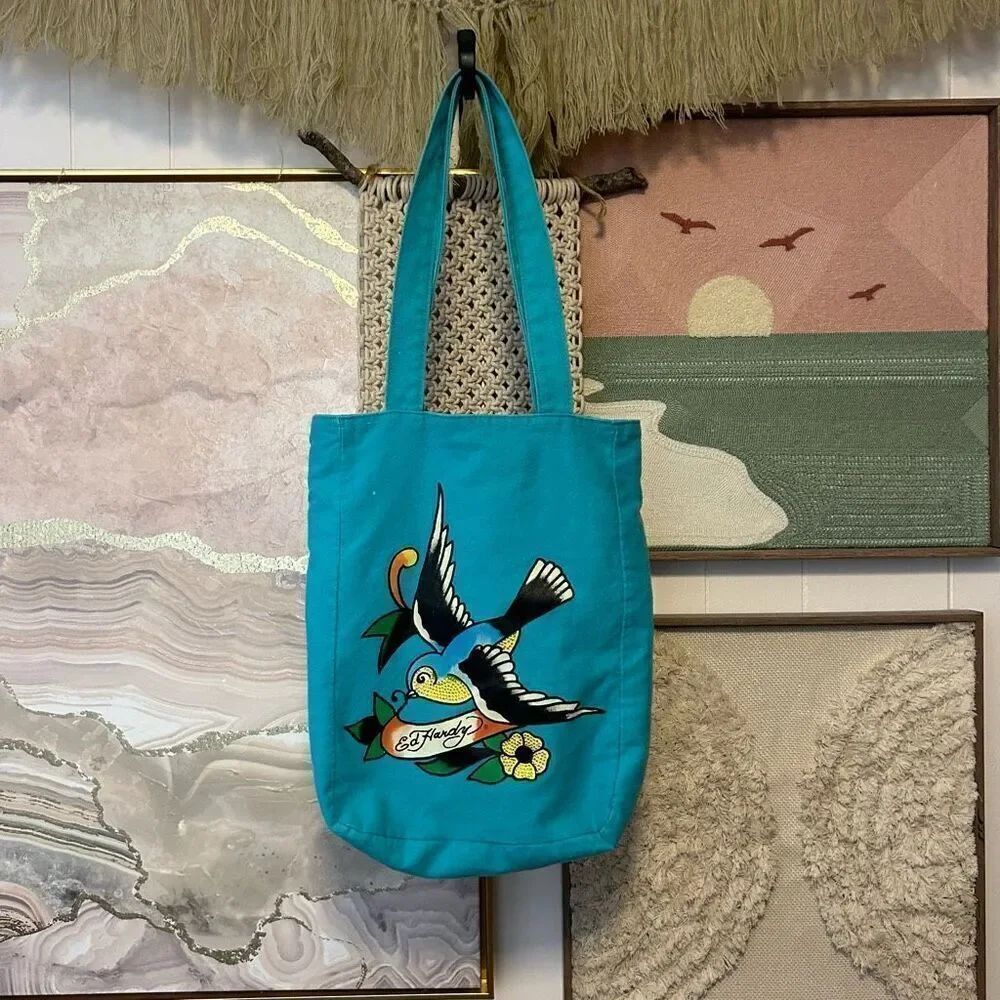 Ed Hardy Womens Bird flower Graphic Double Handle Canvas Tote Bag Teal